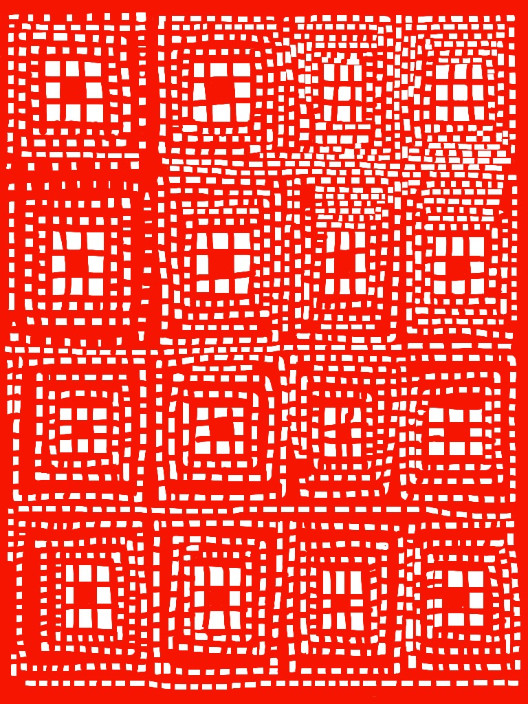 #8, 9:05 AM. This study is the last version. It was a process of numerous additions and subtractions and started with a loosely laid out grid. Also, it was confined to square-like shapes with a limited palette. Overall, I felt that once the grid and the locations of the dominant squares were clear then things had to be broken up by making some areas denser. The grid is a composition enabler but sometimes the results can be stiff or predictable.