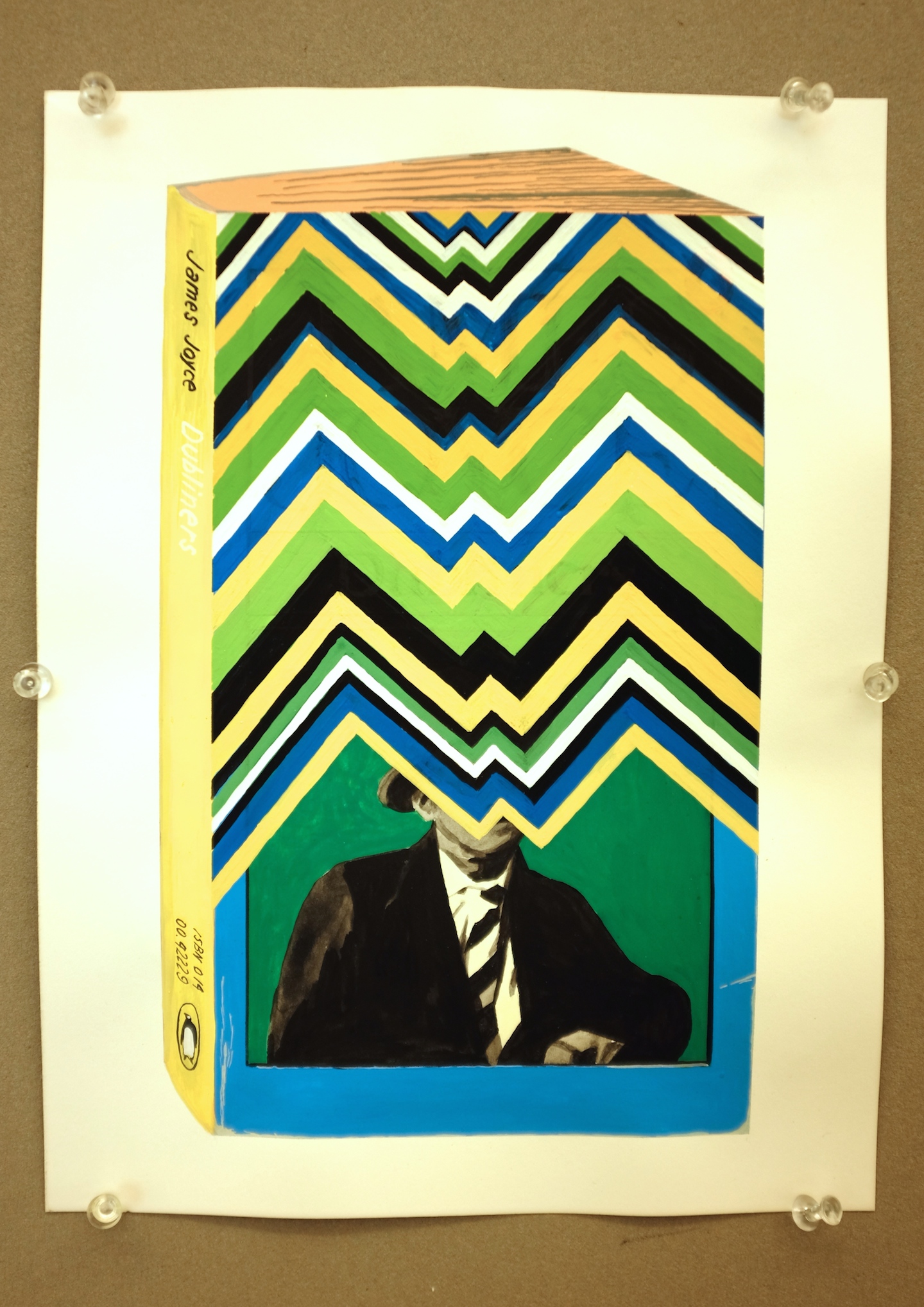 2:30 PM. Color and stripes. Someone asked me about colors and how I arrive at certain color schemes. In this case, the original book cover had an overall cool palette with the blue border and blue green background behind the author’s portrait. It was natural to take variations of the original hues and trust that it would work out. More importantly was how far should I go in overtaking the original design and still making the end result readable. That’s why the angle of the stripes had to mimic the tilt of the face and frame Joyce’s mouth creating a subtle emphasis.